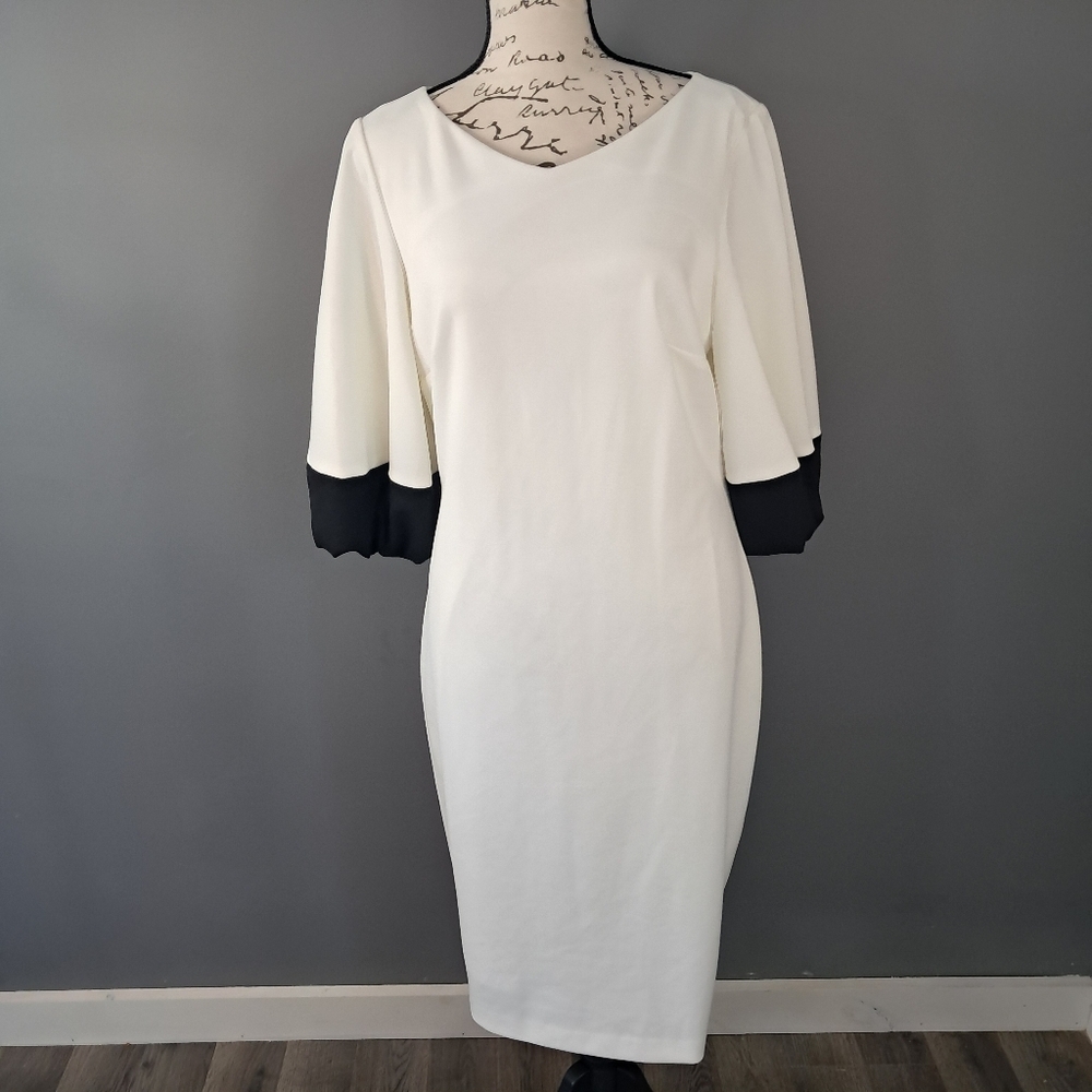Calvin Klein Women's Sheath Dress White And Black 1/2 Sleeve Size 10 NWT - Picture 2 of 11